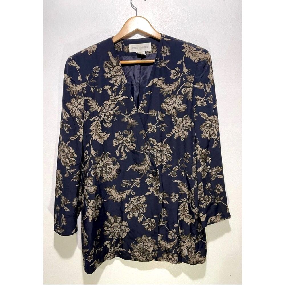 Jones New York silk jacket blazer fall brown floral quiet luxury blue women 12